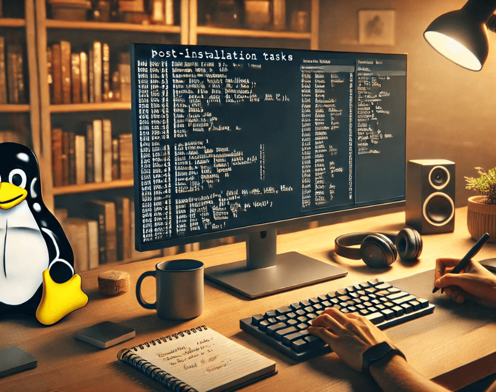 A high-definition image showing a person performing post-installation tasks after installing Linux on a PC.